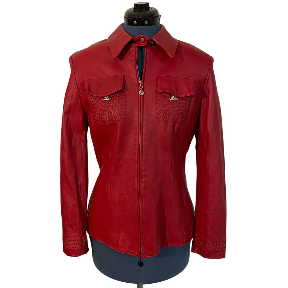 St‎ John Sport Red Leather Jacket Zip Woven Pockets Y2K Old Money Luxury Moto P